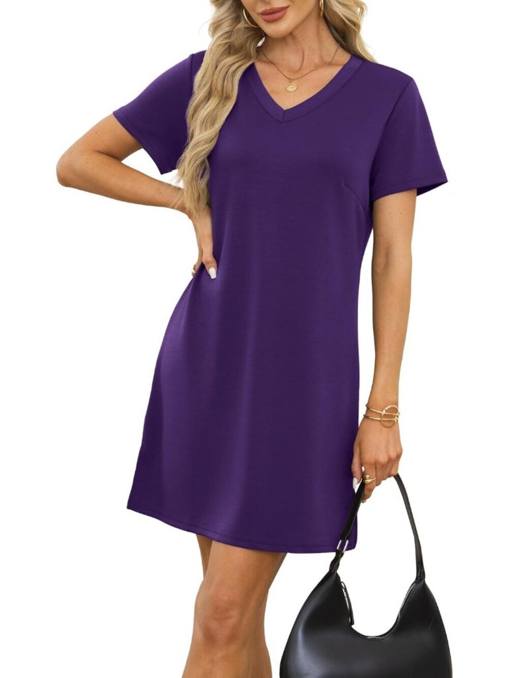 〽️Women's Purple V Neck Casual Summer Sundress Imported Pull On T Shirt